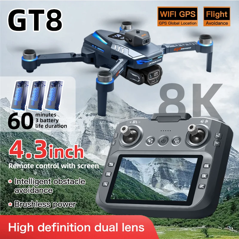 오리지널 GT8 드론 8K 프로페셔널 듀얼 카메라 GPS FPV 브러시리스 모터 옵티컬 플로우 호버링 폴딩 쿼드콥터 4K RC 드론 장난감