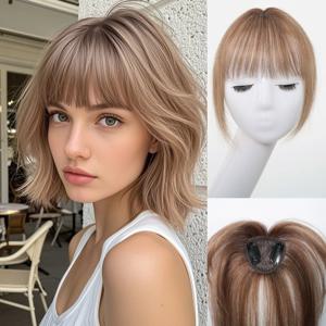 라이트 브라운 인모 클립형 앞머리 가발 (사이드번 포함) 5x5cm 탑피스, 여성용 100% 인모 붙임머리 (데일리용)