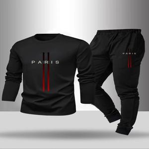 남성용 2피스 잠옷 세트 (봄 여름 가을 겨울용) 긴팔 바지 레터 패턴 베이스 셔츠 홈웨어 세트