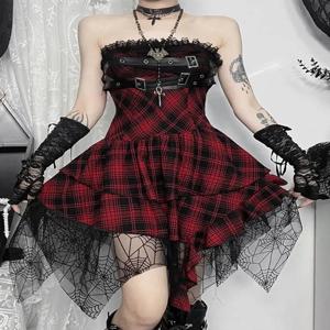 섹시한 레드 체크 스트랩 드레스 무대 공연 여성 그룹 스커트 하이웨이스트 무브랜드 KTV 의상 중국 제조업체 여름