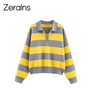 ZERAINS 가을 신상 여성 의류 유럽과 미국 스타일의 세련된 루즈핏 폴로 칼라 스트라이프 니트 스웨터
