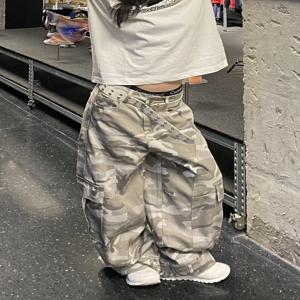 레트로 아메리칸 화이트 그레이 카모플라주 와이드 레그 나이프 엣지 데님 팬츠 여성용 가을 디자인 루즈 슬림 워크웨어 바지