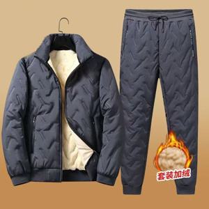 패셔너블한 두꺼운 아빠 스타일 면 재킷 남성용 겨울 다운 코튼 코트 양털 벨벳 따뜻한 방한 코튼 코트 및 바지 세트
