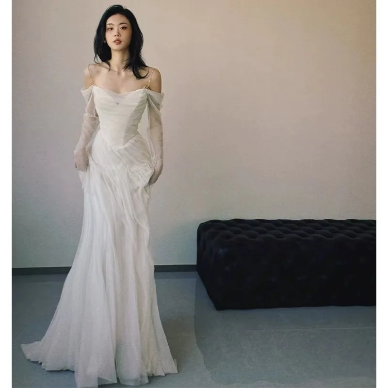 우아한 화이트 이브닝 가운 여성용 고급 럭셔리 연례 회의 성인 행사 진행자 고급 파티 드레스 봄