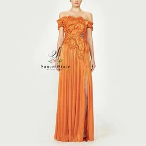 여성용 맞춤형 오프숄더 조젯 프롬 드레스, 플리츠 A라인 이브닝 드레스, 슬릿 주름 장식 프롬 가운