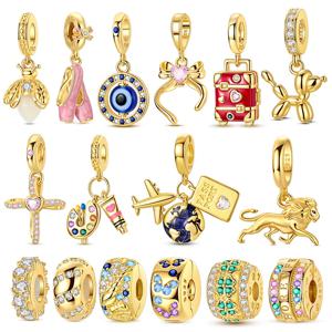 새로운 925 실버 참 비즈 십자가 악마의 눈 강아지 리본 참 펜던트 오리지널 팔찌 여성용 주얼리 선물 DIY