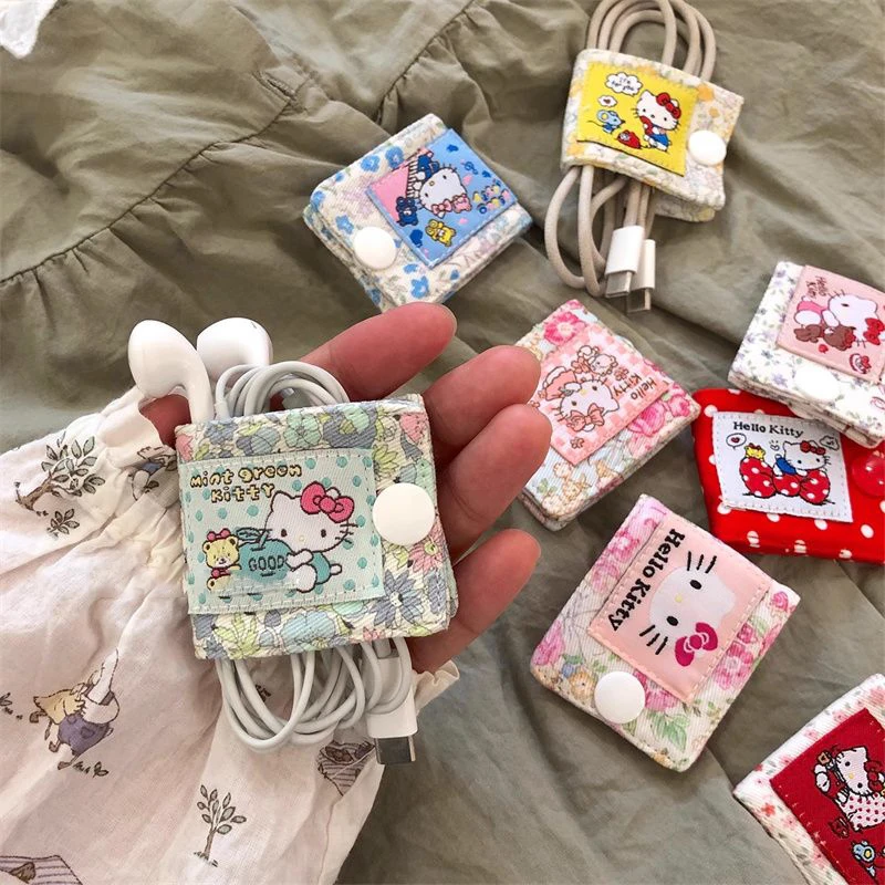 애니메이션 산리오 헬로키티 패브릭 데이터 케이블 보관 클립 Y2K 충전기 코드 보관 홀더 데이터 라인 보빈 와인더 크리스마스 선물