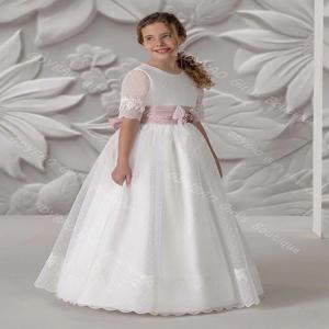 우아한 소녀 레이스 첫 성찬식 드레스 라운드 넥 반소매 꽃 소녀 드레스와 새시 맞춤형 생일 파티 가운