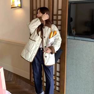 가벼운 짧은 스플라이스드 코튼 재킷 여성용 루즈핏 턴다운 칼라 코튼 코트 한국 스타일 패치워크 디자인 겨울 신상품