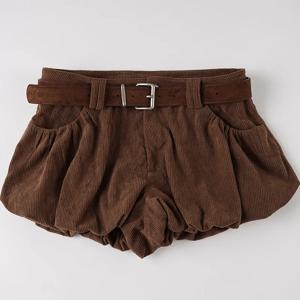 2026 가을 신상 브라운 코듀로이 버드 큐롯 로우 웨이스트 디자인 스웨이드 벨트 반바지 여성용
