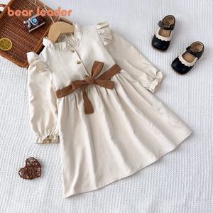 베어 리더 봄과 가을 신상 한국 스타일 심플 긴 소매 여자 아이 드레스 버튼 타이 벨트 키즈 캐주얼 드레스