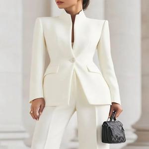 우아한 긴 소매 블레이저+바지 정장 가을 심플한 단색 출퇴근복 여성용 슬림핏 프로페셔널 세트