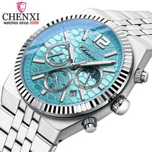 첸시 오리지널 남성 쿼츠 시계 방수 비즈니스 크로노그래프 남성 손목시계 야광 패션 스틸 스트랩 시계