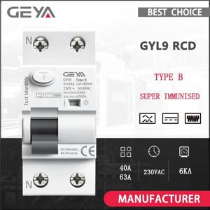 GEYA GYL9 자기식 B형 RCCB 잔류 전류 차단기 DC ELCB 2P 4P 40A 63A 30mA 100mA 300mA B형 RCD 누전 차단기 6KA