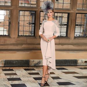 맞춤형 신부 어머니 드레스 티 길이 짧은 웨딩 이벤트 가운 여성용 스쿱 3/4 소매 비즈 레이스 파티 드레스