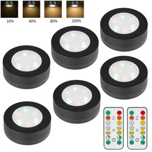 1-6Pcs 블랙 CCT 라운드 LED 캐비닛 옷장 조명 가구 디 밍이 가능한 옷장 램프 Warmwhite 흰색 3000-6500K 원격 제어