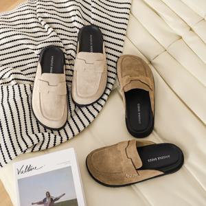 무리 낮은 집 슬리퍼 플랫폼 신발 슬라이드 커버 발가락 뮬 여성용 2025 소프트 플랫 고무 발굽 뒤꿈치 PU 기본 패브릭 캐주얼