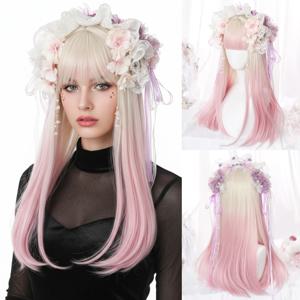 긴 스트레이트 합성 옴브레 금발 핑크 로리타 가발, 앞머리 코스프레, 데일리 파티용 푹신한 헤어 가발