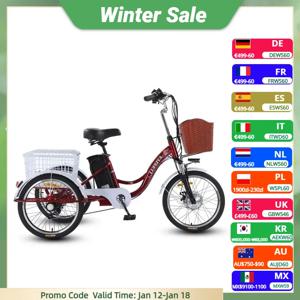 성인 3 바퀴 전기 세발 자전거 리튬 배터리 12A 당겨 바구니 350W 20 인치 전기 자전거 세발 자전거 최대 속도 20Km/H