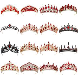 레드 럭셔리 신부 웨딩 왕관 수제 라인석, 우아한 티아라, 할로윈 레드 컬렉션 헤어밴드, 헤드피스 액세서리