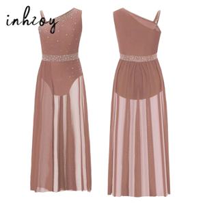 키즈 소녀 현대 서정적 댄스 드레스 발레 체조 공연 의상 라인 석 사이드 분할 쉬어 메쉬 레오타드 댄스웨어