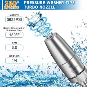 1/4 퀵 커넥트 스테인레스 스틸 3625 PSI 터보 노즐 포함, 온수 및 냉수용 회전식 압력 와셔용