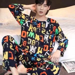 남성 잠옷 긴팔 긴 바지 가을, 겨울 대형 홈웨어 투피스 세트 잠옷 Loungewear Youth Nightwear