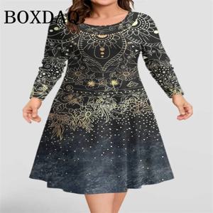 빈티지 꽃 패턴 3D 프린트 드레스 가을 겨울 긴 소매 패션 플러스 사이즈 루즈 드레스 캐주얼 레트로 오-넥 a 라인 드레스