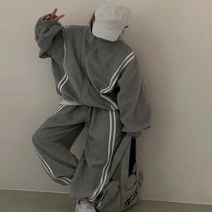 세련된 가을 겨울 여성 패션 세트 지퍼 자켓과 와이드 레그 팬츠 스트라이프 스탠드 칼라 코트 캐주얼 의상