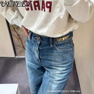 2025 봄 여름 새로운 금속 체인 넓은 다리 청바지 틈새 디자인 높은 허리 느슨한 슬리밍 다목적 바지 여성 데님 바지