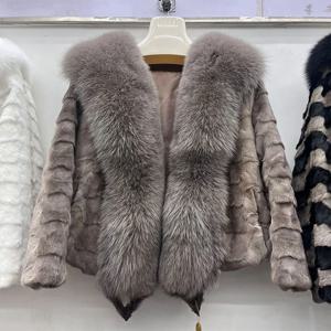 2025 새로운 가을 겨울 여성 리얼 밍크 모피 겉옷 큰 여우 모피 칼라 코트 고품질 럭셔리 두꺼운 따뜻한 중간 길이 자켓