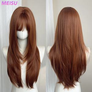 MEISU 26 인치 스트레이트 합성 가발 계층화 된 다크 오렌지 내열성 자연 부드러운 머리 세련된 파티 Bangs 가발 여성용