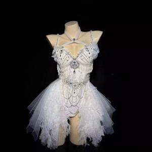 럭셔리 화이트 공주 다이아몬드 진주 술 드레스 - 전기 음악 축제 공연을 위한 섹시한 비키니 웨딩 드레스 튀는