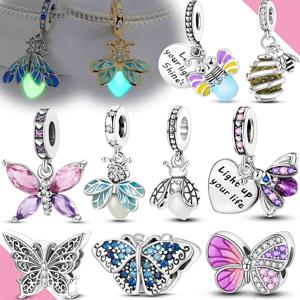 원래 925 실버 매력 비즈 빛나는 빛나는 반딧불 나비 펜던트 맞는 팔찌 매력 보석 만들기