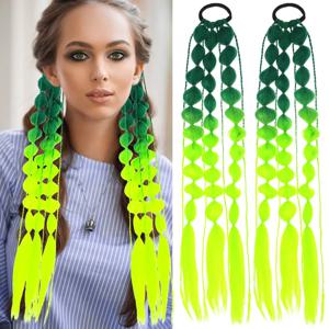 2Pc 합성 머리 가발 포니 테일 확장 헤어 피스 핑크 긴 랜턴 버블 브레이드 변태 스트레이트 여자 여자 할로윈 의상