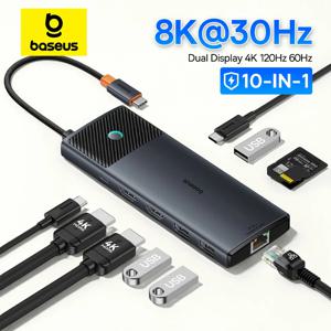 베이스어스 USB C 허브 듀얼 HDMI 8K 4K 어댑터 10-in-1 USB 3.2 10Gbps 분배기 RJ45 SD TF 타입 C PD 100W 맥북 프로 에어 허브용