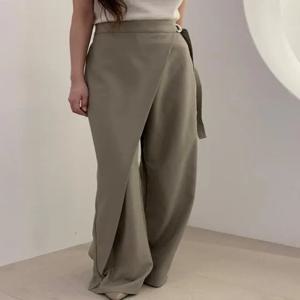 시크 캐주얼 하이웨이스트 패치워크 비대칭 벨티드 여성 롱 팬츠 봄 패션 출퇴근 스타일 다용도 스타일리시 바지