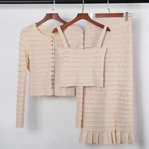 4가지 색상 고품질 신상 패셔너블 니트 레이스 라인스톤 탑 가디건+캐미솔 베스트+슬림핏 러플 엣지 하프 스커트 세트