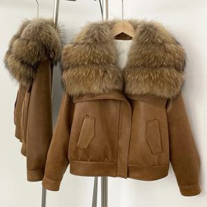 리얼 폭스 퍼 칼라 겨울 여성용 숏 화이트 덕다운 코트, 따뜻한 스웨이드 퍼 푸퍼 패딩