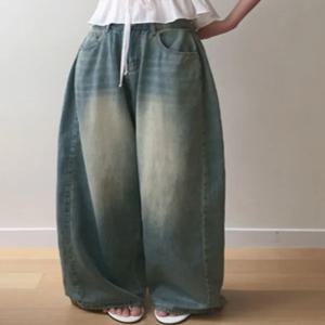 하이웨이스트 아메리칸 스타일 지퍼 플리츠 워싱 패션 루즈 스트레이트 레그 진 와이드 레그 데님 팬츠 동대문