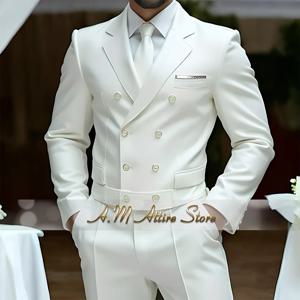 매칭 디자인 남성 의류 화이트 럭셔리 정장 2pcs 더블 브레스트 블레이저 바지 우아함 웨딩 이브닝 파티 턱시도 맞춤 제작