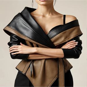 여성용 원 숄더 스플 라이스 불규칙한 밑단 긴 소매 가죽 코트 캐주얼 빈티지 Y2K 겉옷을위한 PU 인조 가죽 자켓