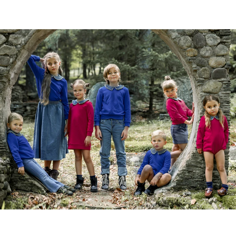 알리 플러스 AW25 데님 칼라 스웨터 컬렉션 코튼 고품질 여아 드레스 남아 셔츠 아기 롬퍼 매칭 의류