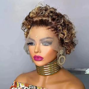 하이라이트 4/27 픽시컷 가발 옴브레 허니 블론드 13x1 레이스 프론탈 인모 가발 브라질리안 숏밥 가발 인모 100%