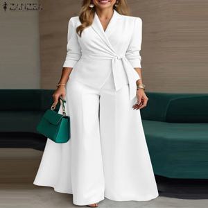 잔제아 우아한 투피스 팬츠 세트 긴팔 벨트 블레이저 & 와이드 레그 팬츠 투피스 정장 오피스룩 출퇴근 세트