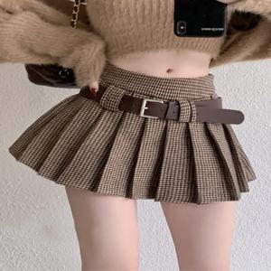 하이웨이스트 체크 미니스커트 여성용 빈티지 브라운 깅엄 플리츠 스커트 A라인 스커트 시티 통근 캐주얼 레저 스커트