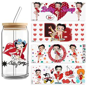 베티 부프 시리즈 비엠보 애니메이션 UV 전사 투명 크리스탈 포포 헤드 걸즈용 DTF 스티커 창의적인 DIY 방수 스티커
