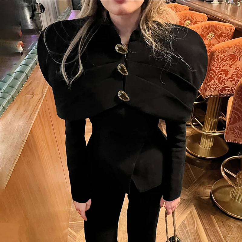 트렌딕스 블랙 엘레강트 블레이저 여성용 2025 가을 패션 골드 버튼 패치워크 재킷 코트 파티 빈티지 출퇴근용 수트 재킷