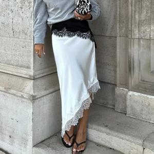 여성을위한 Tornova 레이스 스플 라이스 스커트 패션 불규칙한 하이 웨이스트 롱 스커트 새틴 우아한 슬림 여성 통근 파티 스커트