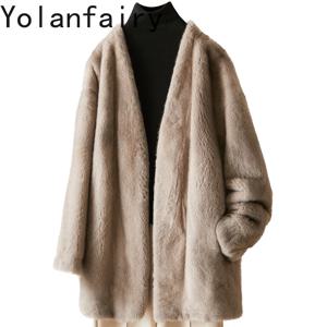 YOLANFAIRY 천연 밍크 퍼 코트 여성 가을 겨울 브이넥 리얼 퍼 재킷 여성 의류 중간 길이 전체 밍크 퍼 코트 2025